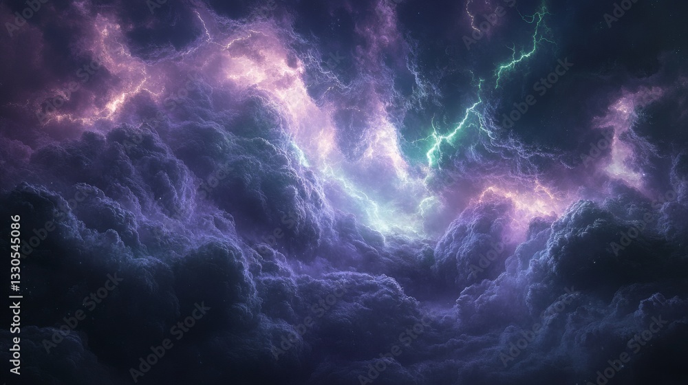 Dramatic view of a vibrant storm cloud with lightning bolts piercing through the air Dramatic view of a vibrant storm cloud with lightning bolts piercing through the air