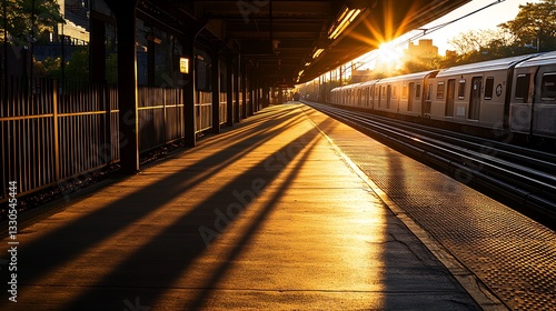 Train Station Platform at Sunset with Golden Light and Long Shadows
