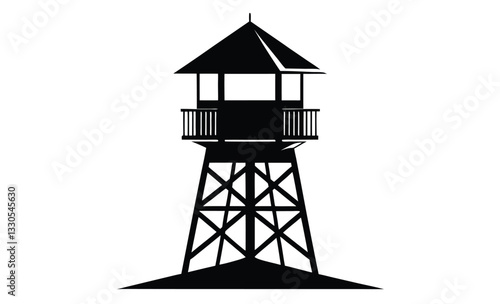 Принти на полотні Watchtower silhouette icon, vector illustration of a silhouette watchtower on a hill with a winding path, suitable for outdoor and adventure designs
