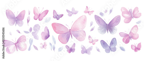 Watercolor illustration of pink and purple butterflies with soft delicate wings for nature inspired and artistic designs