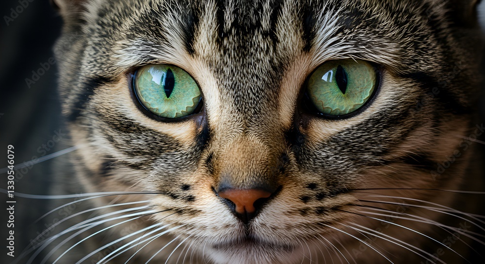 A stunning close-up portrait of a tabby cat with vibrant green eyes, showcasing intricate fur details and whiskers. The image captures the cat's intense gaze and facial features in high resolution. A stunning close-up portrait of a tabby cat with vibrant green eyes, showcasing intricate fur details and whiskers. The image captures the cat's intense gaze and facial features in high resolution.