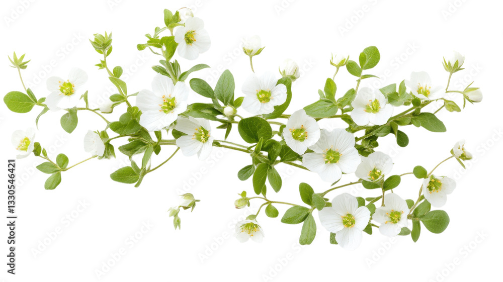 Beautiful white flowers with green leaves arranged elegantly on a soft background Beautiful white flowers with green leaves arranged elegantly on a soft background