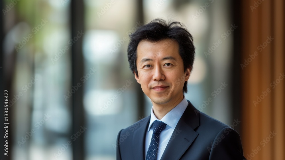 Elegant Portrait of a Middle-Aged Asian Businessman in a Dark Suit with Soft Natural Lighting and a Blurred Background Elegant Portrait of a Middle-Aged Asian Businessman in a Dark Suit with Soft Natural Lighting and a Blurred Background
