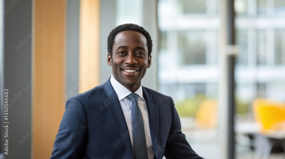 Confident Businessman Smiling in Modern Office Setting, Wearing Suit and Tie, Optimistic and Professional, Standing Indoors Confident Businessman Smiling in Modern Office Setting, Wearing Suit and Tie, Optimistic and Professional, Standing Indoors