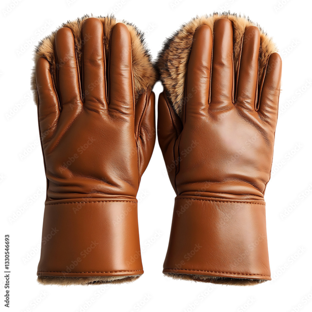 Faux Leather Gloves in Camel with Fur Cuff Cap Isolated on Transparent Background Faux Leather Gloves in Camel with Fur Cuff Cap Isolated on Transparent Background