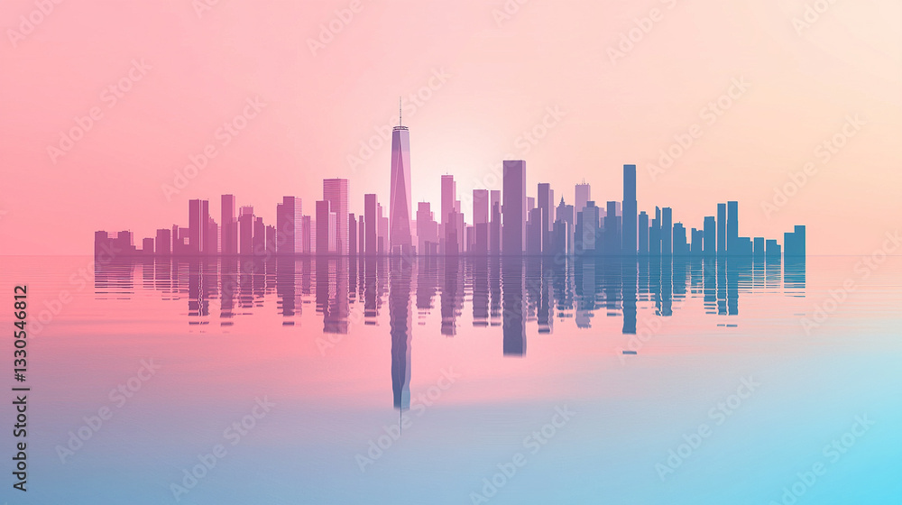 Fototapeta premium New york city skyline reflecting on water at sunset