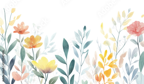 Watercolor floral illustration with soft pastel flowers and green leaves for elegant botanical and nature inspired designs