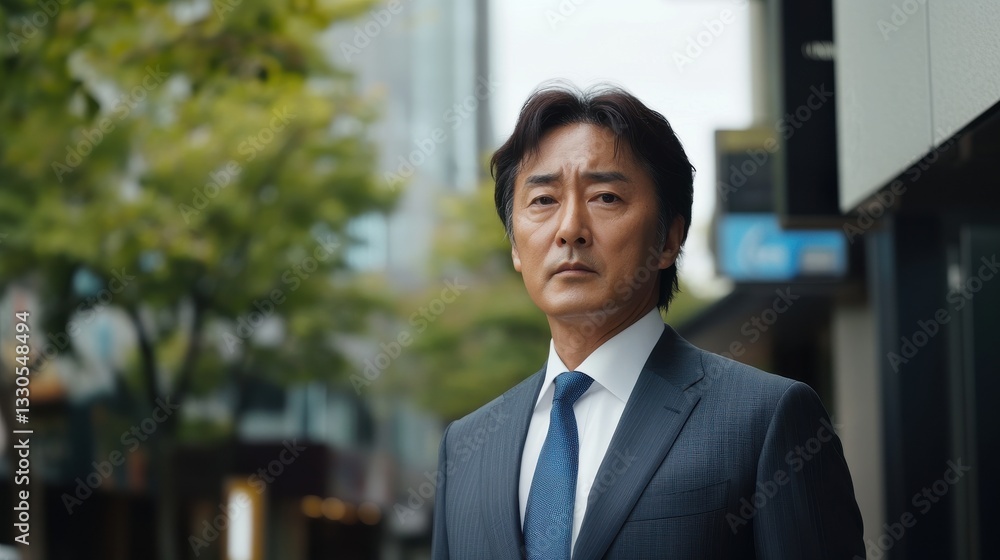 Serious businessman in dark suit looking at the camera, standing outdoors near office buildings and green trees Serious businessman in dark suit looking at the camera, standing outdoors near office buildings and green trees