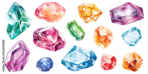 Watercolor illustration of colorful gemstones and crystals in various shapes for luxury decorative and mystical designs