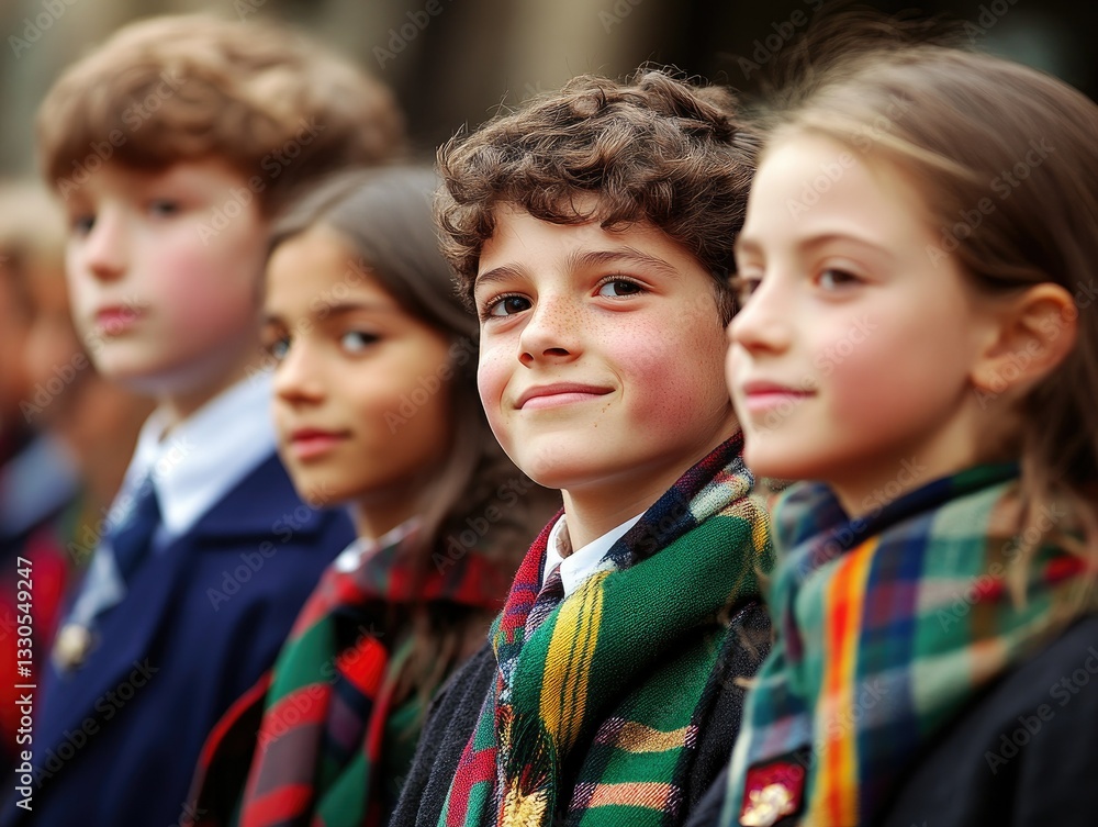 A group of children in formal attire, smiling and standing in a row during a school event, with a blurred background of a historic building, showcasing camaraderie and celebration A group of children in formal attire, smiling and standing in a row during a school event, with a blurred background of a historic building, showcasing camaraderie and celebration
