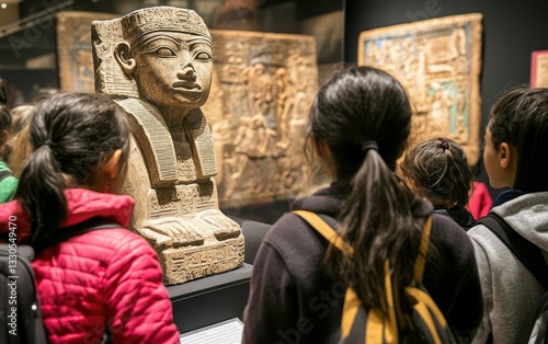 A group of children observing an ancient Egyptian artifact in a museum, captivated by the historical significance and intricate details of the sculpture surrounded by other exhibits