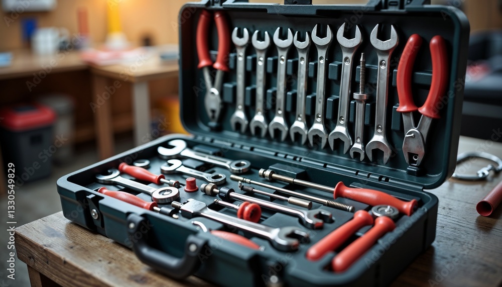 Fototapeta premium Open mechanic tool set displaying various tools like wrenches, screwdrivers, and pliers