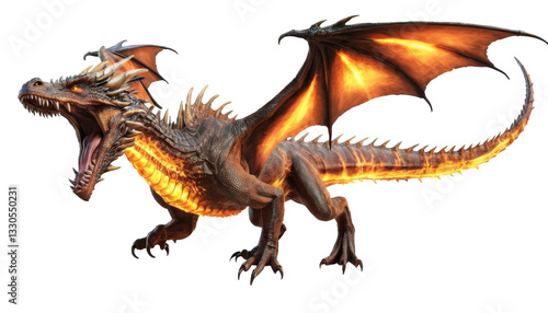 A mystical brethren dragon with glowing eyes and fire-like patterns along its body, floating against a transparent background.