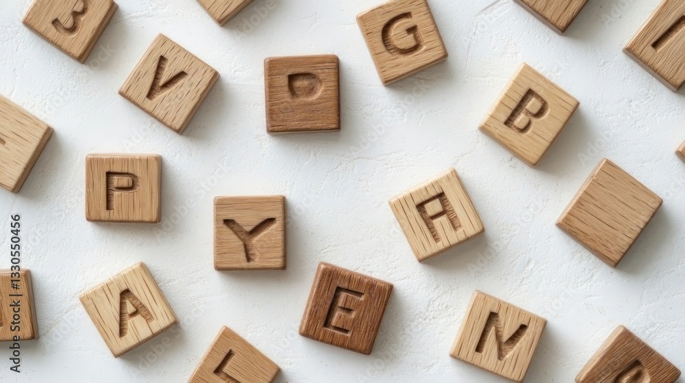 Obraz premium Wooden alphabet letter tiles scattered on a white surface