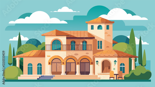 A luxurious Mediterraneanstyle home with a separate wing containing a master suite living area and kitchenette perfect for housing elderly parents or inlaws while still maintaining. Vector