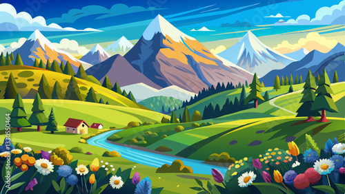 panoramic landscape with alps mountain range at springtime