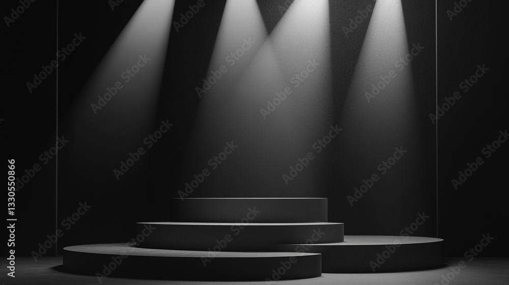 3D rendered podium with spotlight highlighting first place winner on a dramatic stage with glowing lights and shadows.