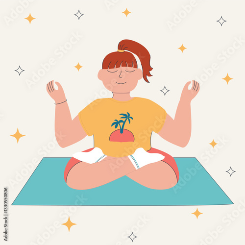 plump girl doing yoga on yoga mat, sitting in lotus position, Love your body, body positive vector poster, banner, background, Chubby