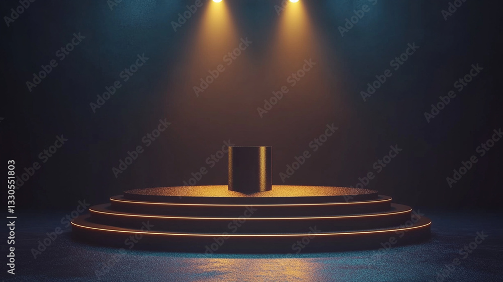 3d rendered podium with spotlight highlighting the center stage in a dramatic dark background for presentation or award display.