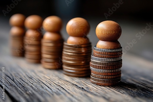 Wooden Figurines On Coin Stacks On Rustic Wood