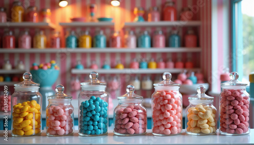 Colorful candy jars in retro sweet shop