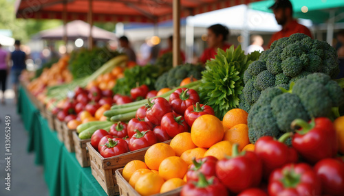 Vibrant farmer's market display with fresh fruits and vegetables