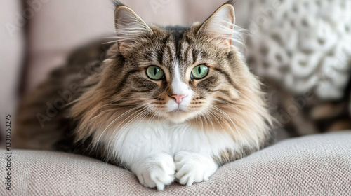 Obraz na płótnie A calm cat with green eyes relaxing peacefully indoors, creating a cozy atmosphere and soothing mood in natural soft lighting.
w salonie