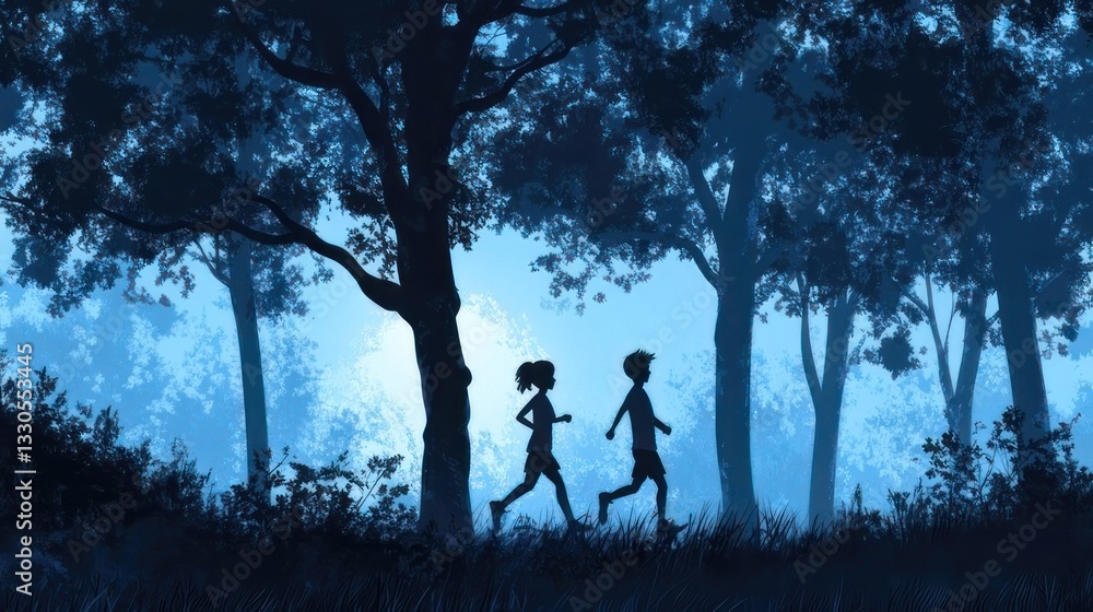 Silhouettes of children running through a mystical forest at dawn Silhouettes of children running through a mystical forest at dawn