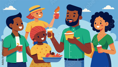 The lively chatter of guests is briefly hushed as they savor the rich and complex flavors of the Caribbean jerk chicken at the BBQ.. Vector illustration