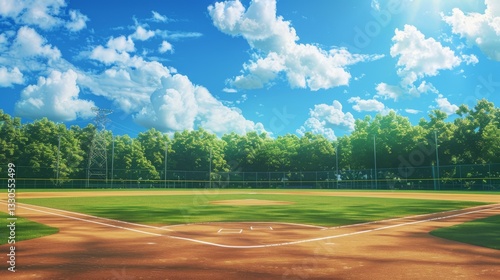 A baseball field with lush green grass, trees, and a bright blue sky. Scattered clouds, stadium lights, and home plate create a classic sporting atmosphere.