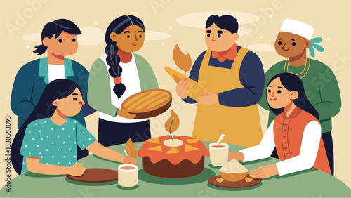 A group of teenagers learn how to make traditional Native American fry bread from a group of elders preserving an important cultural culinary tradition.. Vector illustration