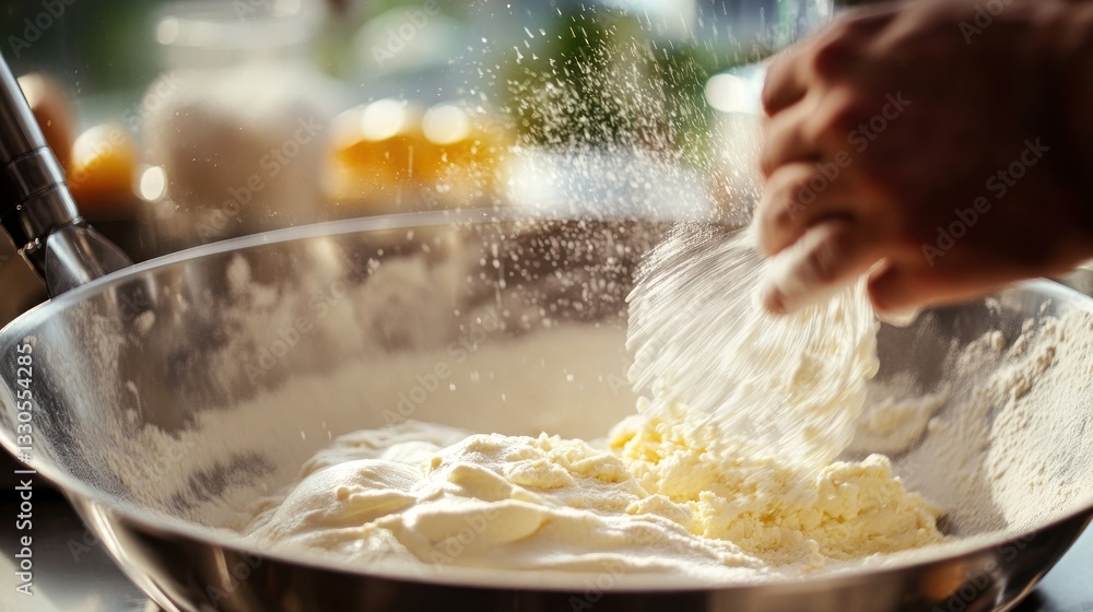 Fototapeta premium Kneading Dough A Bakers Hands Sprinkling Flour Over a Mixing Bowl for Perfect Baking Results