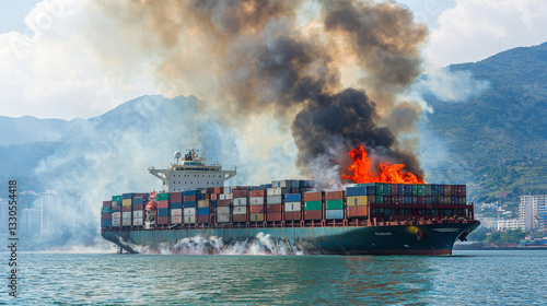 cargo ship engulfed in flames, surrounded by smoke and water, showcases dramatic scene of disaster. ship is filled with colorful containers, set against mountainous backdrop