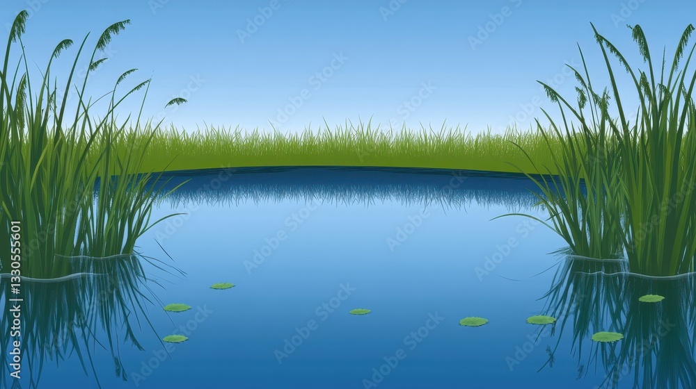 Fototapeta premium Serene Pond Landscape: Tranquil Reflections of Nature's Beauty