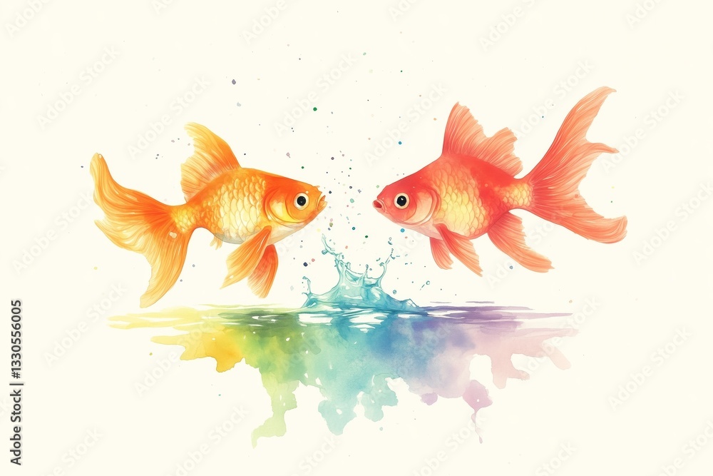 Fototapeta premium Adorable fish splashing in a rainbowcolored puddle, joyful scene, Watercolor style 