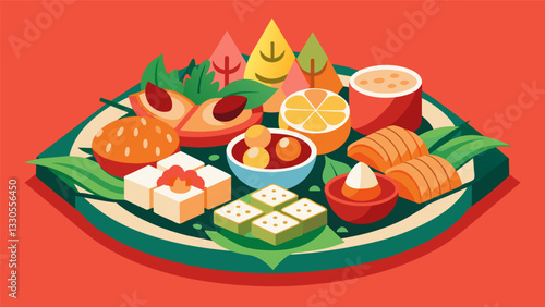 An Asianinspired antipasto platter art blending flavors of the East with Italian delicacies in an innovative and visually striking presentation.. Vector illustration