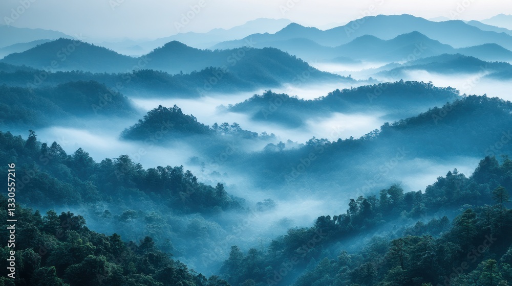 Fototapeta premium Misty mountain range at sunrise, blue hues, scenic landscape.