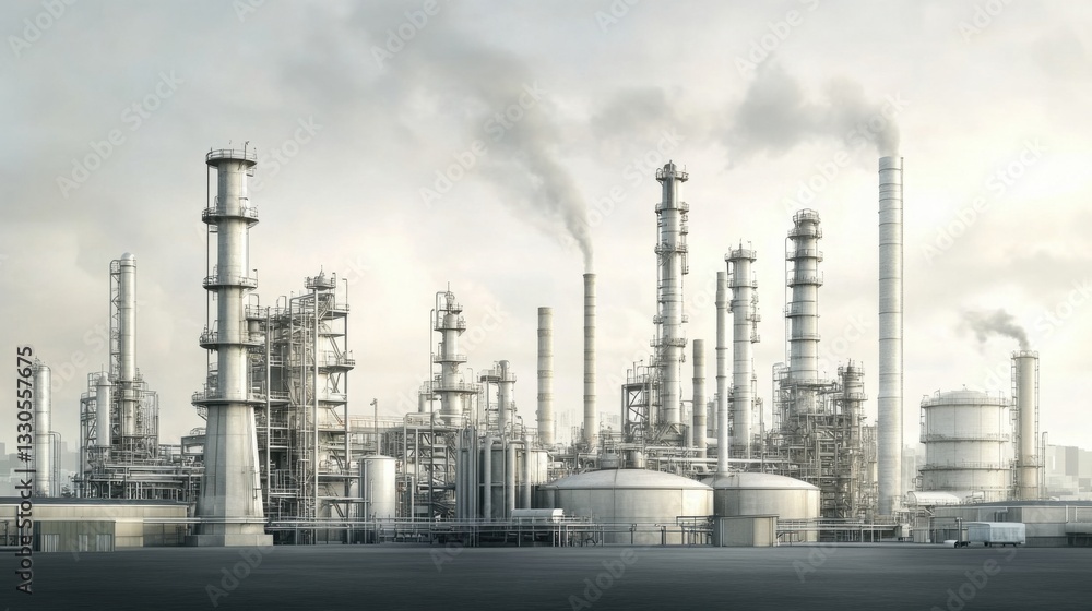 Obraz premium Industrial Complex with Smoke Stacks and Structures at Dusk