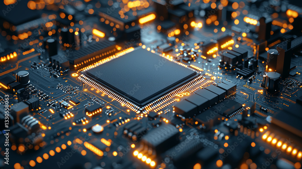 High tech circuit board with glowing components and microchip. intricate design showcases modern electronics and technology, creating vibrant and dynamic atmosphere High tech circuit board with glowing components and microchip. intricate design showcases modern electronics and technology, creating vibrant and dynamic atmosphere