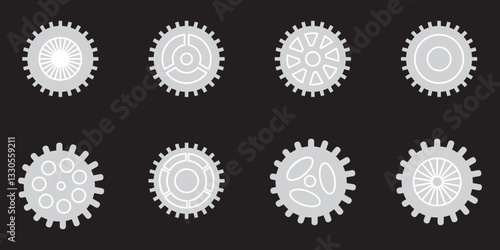 Gear setting vector icon set. Isolated black gears mechanism and cog wheel on white background. Progress or construction concept. Cogwheel icons UI vector.