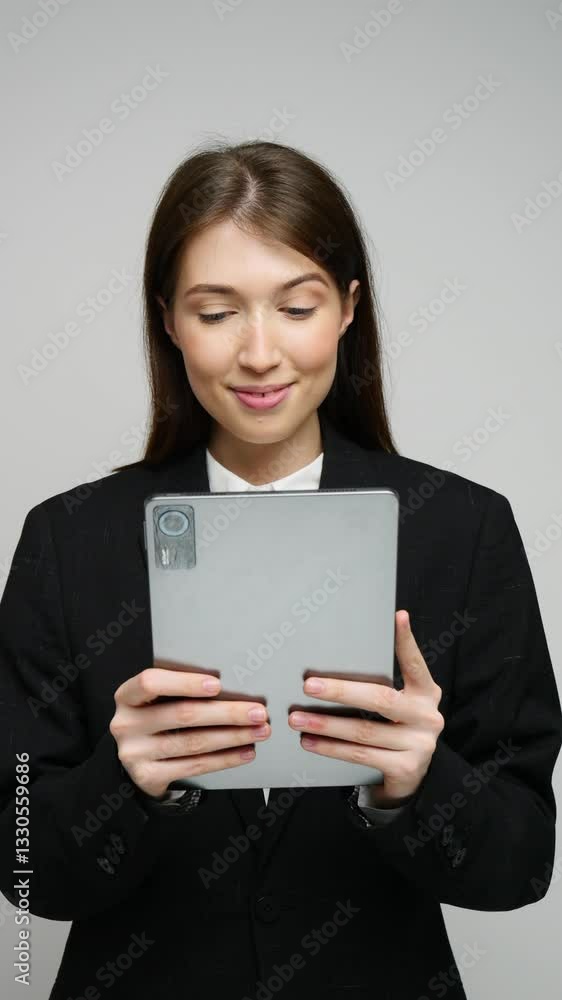 Professional woman holding a tablet and smiling in a modern office setting during a business presentation Professional woman holding a tablet and smiling in a modern office setting during a business presentation