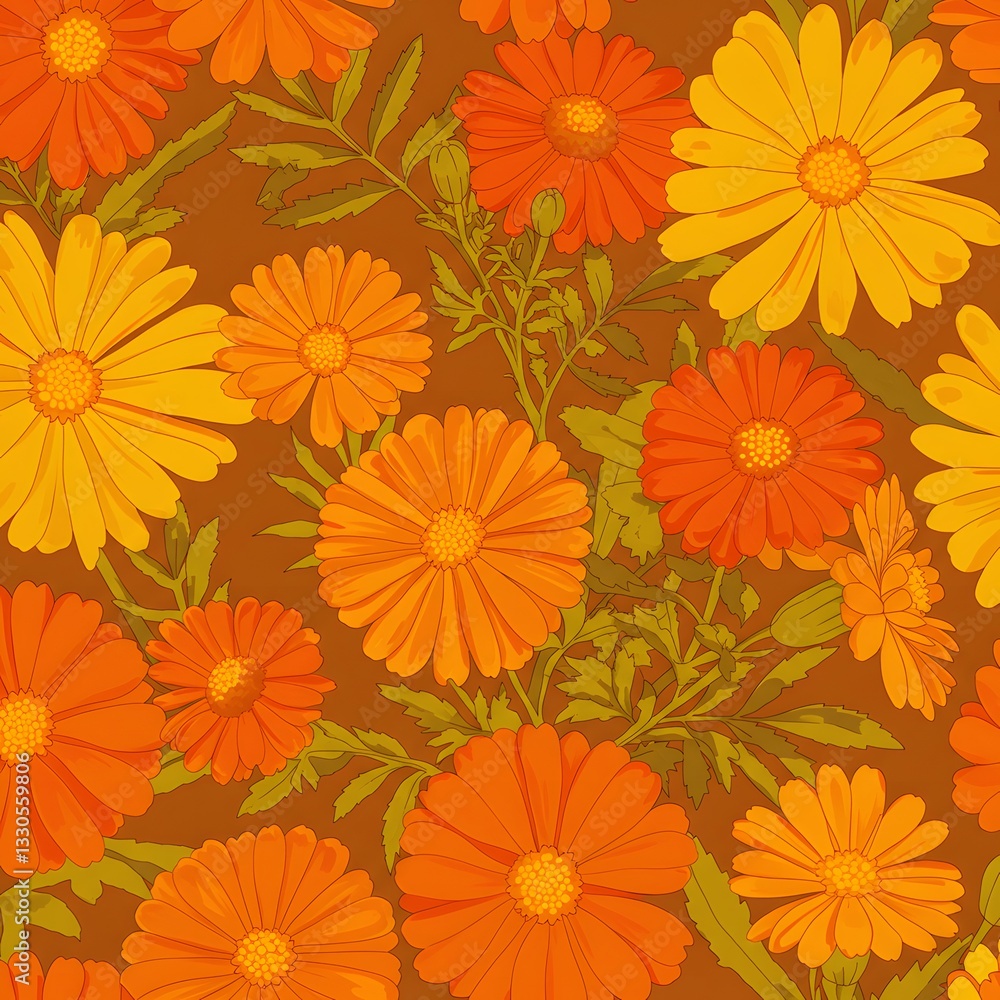 Retro 1970s-style floral prints with bold orange and mustard yellow marigolds. Retro 1970s-style floral prints with bold orange and mustard yellow marigolds.