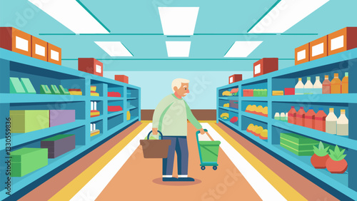 A grocery store with wider aisles and lower shelves making it easier for seniors to navigate and shop independently without feeling overwhelmed.. Vector illustration