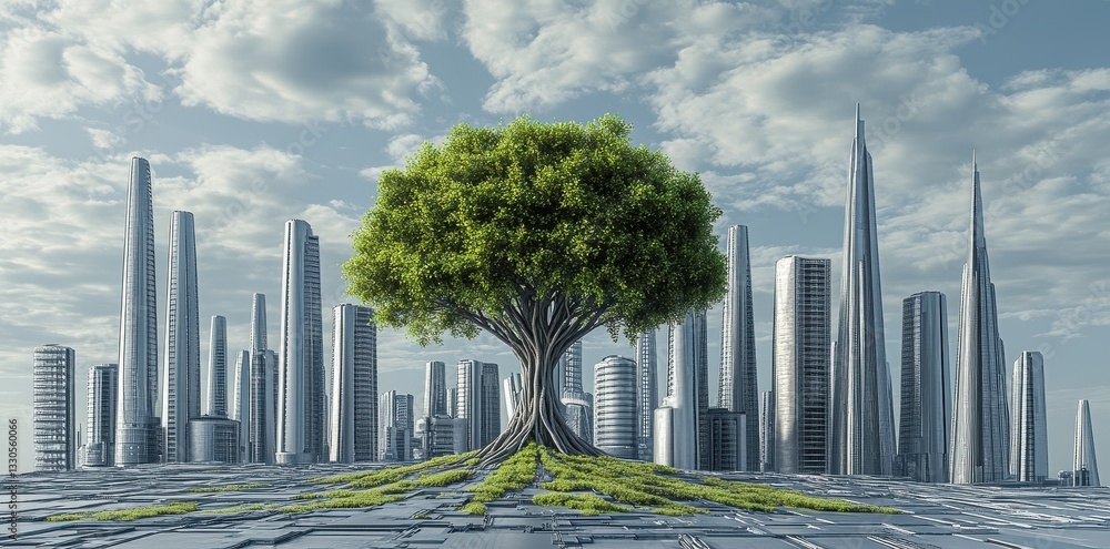 A large tree stands amidst futuristic skyscrapers in a city A large tree stands amidst futuristic skyscrapers in a city