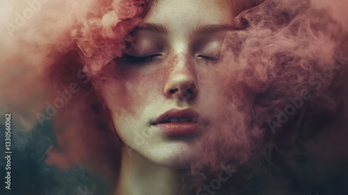Ethereal woman portrait with eyes closed amidst smoky pink haze creating a surreal, dreamlike, and artistic mood.