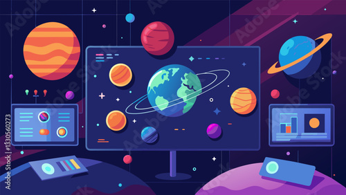 At a science museum an interactive data wall presents realtime updates on the planets and solar system allowing visitors to explore space in a visually engaging way.. Vector illustration