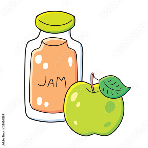 Green apple fruit and a jam jar isolated vector illustration