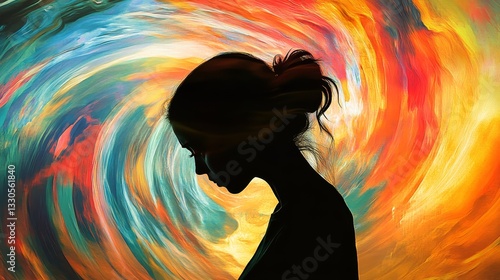 A woman feels overwhelmed and depressed. She has a headache and her silhouette is surrounded by swirling colors, representing the swirling emotions and thoughts in her head.
