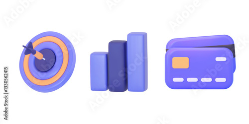 Set of financial vector icons and symbols: target with arrow, growth chart, credit card. Suitable for topics of finance, statistics, target marketing, and online payments. Vector 3D illustration.