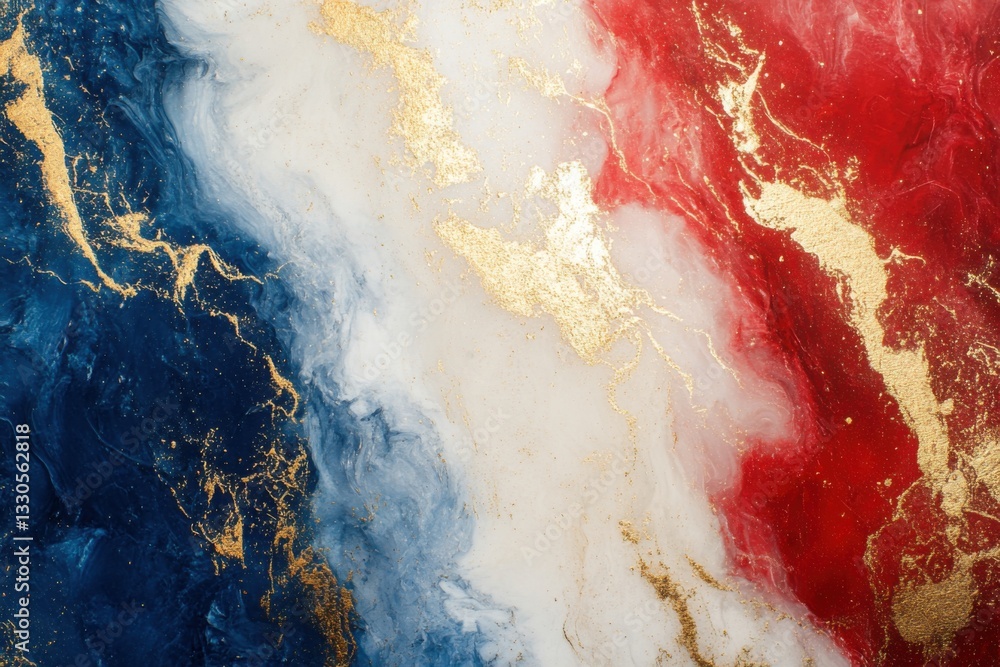 Obraz premium Red white blue paint swirls with gold glitter. Liquid art abstract background. Acrylic pouring with marble texture. Colorful backdrop.